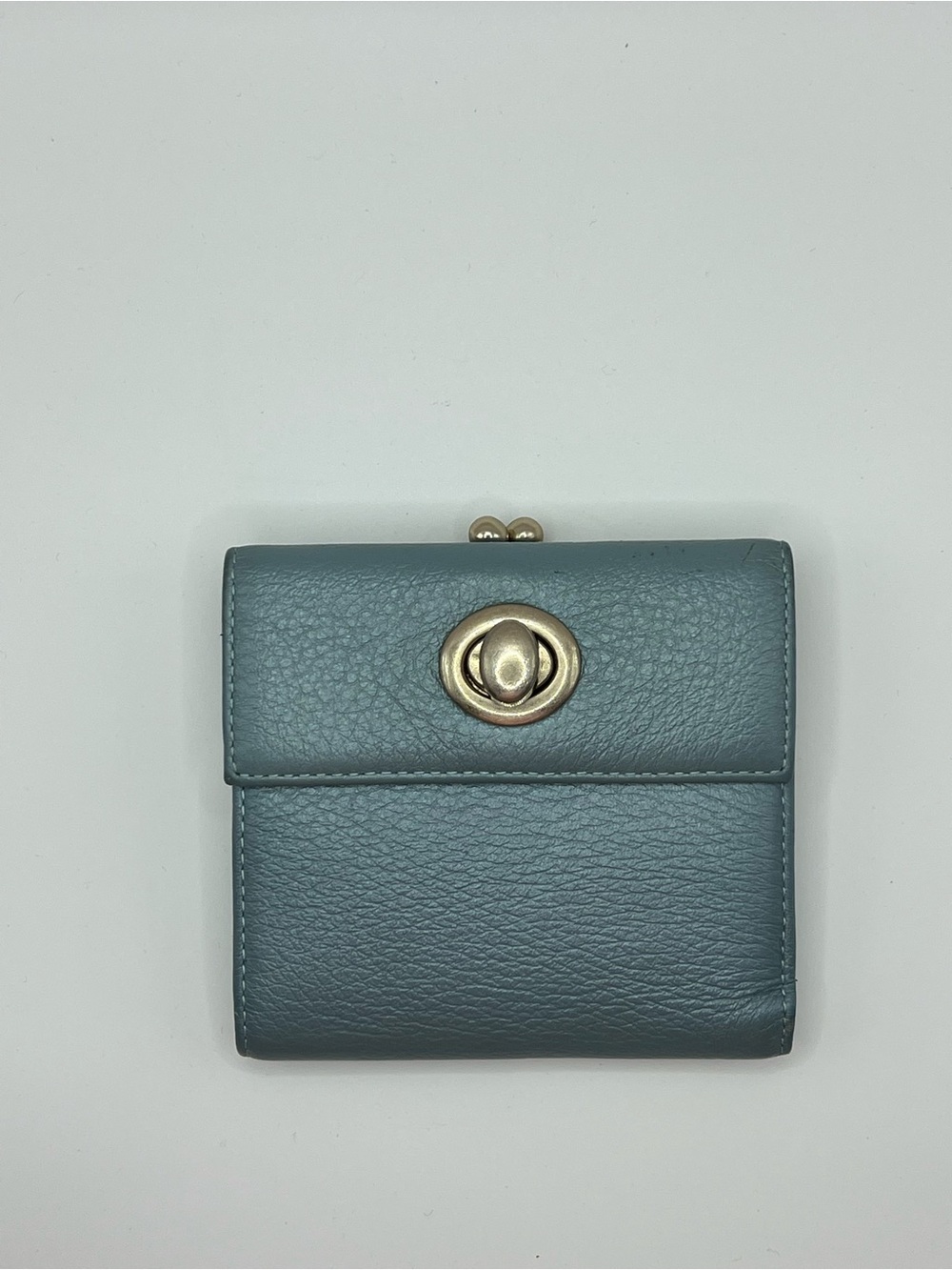 HOBO Compact Leather Wallet in Dusty Blue with Gold-Tone Turn Lock
